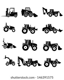 Vector collection tractor and gray silhouettes. icons