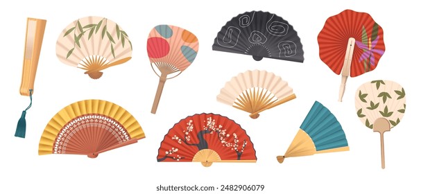 Vector Collection Of Traditional Asian Hand Fans With Various Designs And Colors Showcase Elegance, Cultural Richness