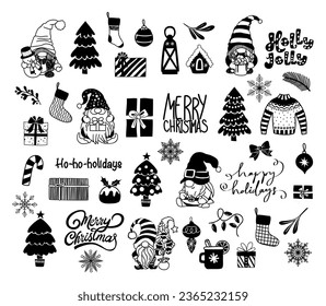 Colección de vectores con símbolos, iconos, elementos decorativos de Navidad tradicionales. Árbol de Navidad, baubles, gnomos, copos de nieve, medias, texto escrito a mano Feliz Navidad, Holly Jolly, Felices Fiestas.