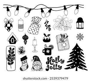 Vector Collection with traditional Christmas symbols, icons, decorative elements. Christmas tree, baubles, gnomes, snowflakes, socks, hand written text Holly Jolly. Isolated on white background.