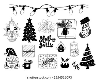 Vector Collection with traditional Christmas symbols, icons, decorative elements. Christmas tree, baubles, gnomes, gifts, garlands, hand written text Holly Jolly. Isolated on white background