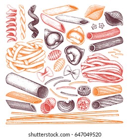 Vector collection of traditional Italian pasta. Hand drawn food sketch set.  Vintage illustration for cafe or restaurant design. 