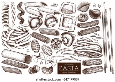 Vector collection of traditional Italian pasta. Hand drawn food sketch set.  Vintage illustration for cafe or restaurant design. 