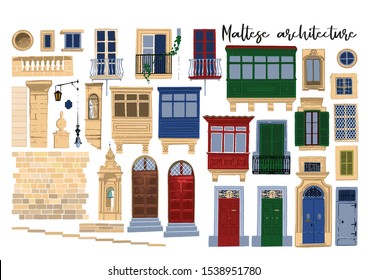 Vector collection of traditional maltese architectural elements with various decorations and colors isolated on white ackground