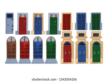 Vector collection of traditional maltese doors with various decorations and colors isolated on white ackground