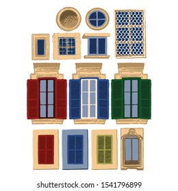 Vector collection of traditional maltese windows with various decorations and colors isolated on white ackground
