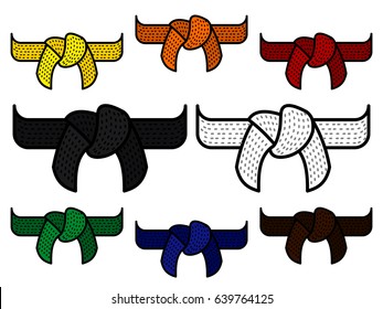 Vector collection of traditional martial arts belts for grading. Martial Arts Belts. knotted belts for martial arts.