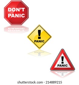 Vector collection of traffic signs with the word 'Panic' and the expression 'Don't panic'