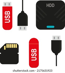 Colección de vectores con fondo transparente de diferentes dispositivos USB, disco duro, tarjeta SD, memoria flash. Dispositivos de almacenamiento y conector USB.