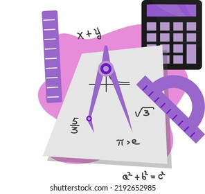 Vektorgrafik mit transparentem Hintergrund, Schulbedarf. Mathe. Kompass, Lineale, Halbkreis und Taschenrechner auf Papier mit mathematischen Formeln. Berechnung und Geometrie. mathematische Funktionen.