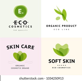 Vector collection of transparent beauty, eco cosmetics and healthy treatment symbols in green colors isolated on white background. Perfect for cosmetic, skin products and health care fashion insignia.