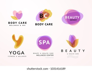 Vektorgrafik von transparenten Beauty-, Spa- und Yoga-Symbolen in hellen Farben einzeln auf weißem Hintergrund. Perfekt für Massagesalon, Wellness- und Gesundheitszentren, Mode-Insignien-Design.