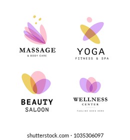 Vector collection of transparent beauty, spa, and yoga symbols in light colors isolated on white background. Perfect for massage saloon, wellness and health care centers, fashion insignia design.