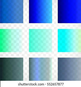 Vector collection of transparent gradients. Blue panel set , metallic squares. Color Palette 