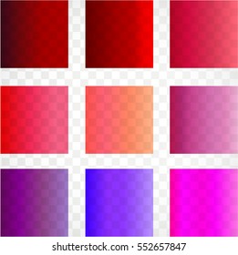 Vector collection of transparent gradients. Red panel set , metallic squares.Color Palette 
