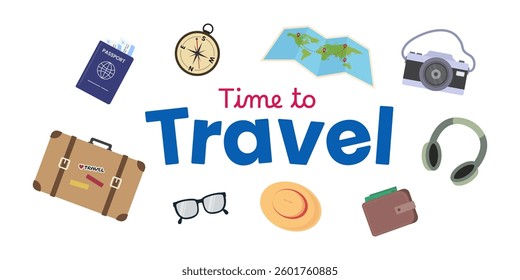 Vector collection of travel equipment. Preparing Travel Visa and Passport, Booking Flight and Hotels
