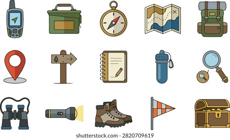 Vector collection of travel and navigation icons featuring map, compass, backpack, location pin, flashlight, hiking boots, water bottle, and outdoor essentials. Perfect for travel guides, tourism websites, camping apps, and adventure projects.