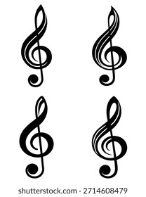 colección de Vector de los símbolos de música de clave de agudos en estilo de arte de línea negra, aislados sobre fondo blanco, Elementos de Diseño gráfico, iconos de vector plano conjunto de símbolos de música.