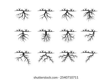 vector collection of tree roots in the ground with grass on top, black color flat style