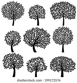 Vector Collection of Tree Silhouettes - Leaves and Branches Grouped Separately