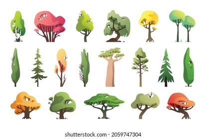 Vector collection of trees in a modern style. Cartoon drawing.