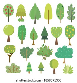 Vector collection of trees. Simple green trees in flat style. Illustration on theme of forest, nature, ecology, earth conservation. Print for cover, T-shirt, postcards. Social media icon