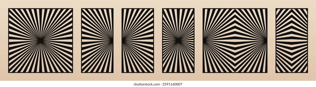 Vector collection of trending design laser cut panels. Stencils with abstract geometric pattern, starburst, diagonal lines, stripes. Decorative panels for interior and exterior. Aspect ratio 1:2, 1:1