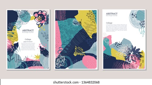 Vector collection of trendy creative cards with cut paper, floral elements and different textures. Collage style. Design for poster, card, invitation, placard, brochure, flyer.