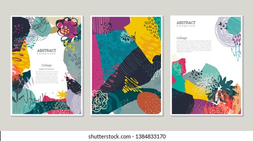 Vector collection of trendy creative cards with cut paper, floral elements and different textures. Collage style. Design for poster, card, invitation, placard, brochure, flyer.