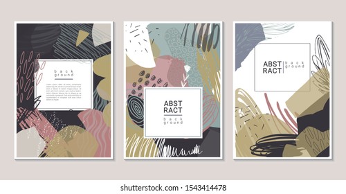 Vector collection of trendy creative cards with cut paper and different textures. Collage style. Design for poster, card, invitation, placard, brochure, flyer.