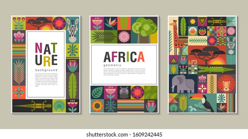 Vector collection of trendy creative cards with patchwork mosaic design. Geometric cartoon African animals, jungle plants and trees. Collage style. Design for poster, card, placard, brochure, flyer.