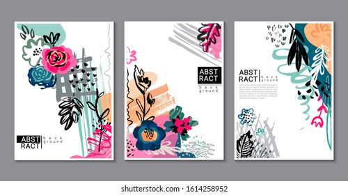 Vector collection of trendy creative cards with hand drawn floral elements, flowers and palnts and different textures. Collage style. Design for poster, card, invitation, placard, brochure.
