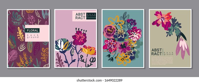 Vector collection of trendy creative cards with hand drawn floral elements, flowers and palnts and different textures. Collage style. Design for poster, card, invitation, placard, brochure.