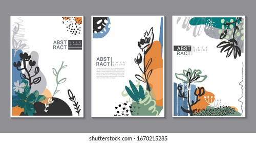 Vector collection of trendy creative cards with hand drawn floral elements, flowers and palnts and different textures. Collage style. Design for poster, card, invitation, placard, brochure.