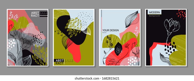 Vector collection of trendy creative cards with hand drawn floral elements, flowers and palnts and different textures. Collage style. Design for poster, card, invitation, placard, brochure.