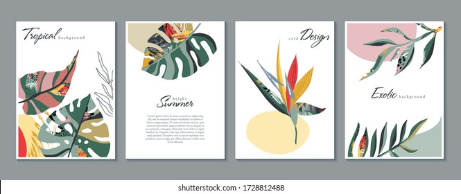 Vector collection of trendy creative cards with floral exotic tropical elements, palm leaves in graphic abstract style. Design for poster, card, invitation, placard, brochure. - Shutterstock ID 1728812488