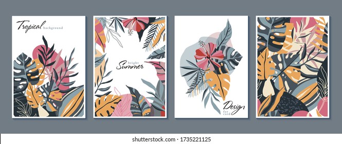 Vector collection of trendy creative cards with floral exotic tropical elements, palm leaves in graphic abstract style. Design for poster, card, invitation, placard, brochure.