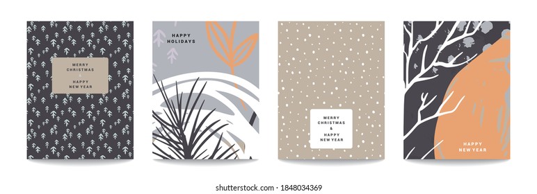 Vector collection of trendy creative Christmas cards with winter floral elements, abstract forms and different textures. Design for New Year poster, greeting card, invitation, placard, brochure.