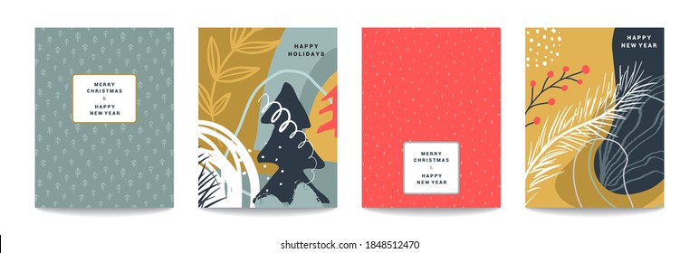 Vector collection of trendy creative Christmas cards with winter floral elements, abstract forms and different textures. Design for New Year poster, greeting card, invitation, placard, brochure.