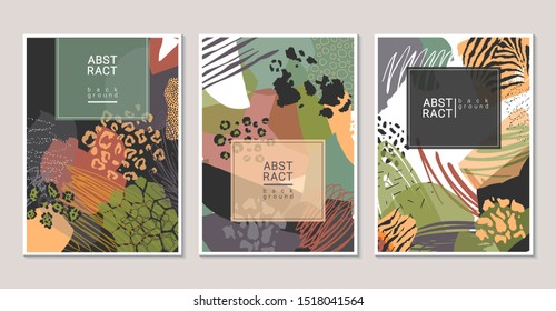 Vector collection of trendy creative collage cards with cut paper, animal skin zebra, leopard, jaguar, giraffe, cow and different textures. Design for poster, card, invitation, placard, brochure.