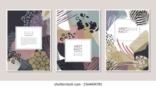 Vector collection of trendy creative collage cards with cut paper, animal skin zebra, leopard, jaguar, giraffe, cow and different textures. Design for poster, card, invitation, placard, brochure.