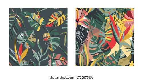 Vector collection of trendy creative summer seamless patterns with floral exotic tropical elements, palm leaves in graphic abstract style.