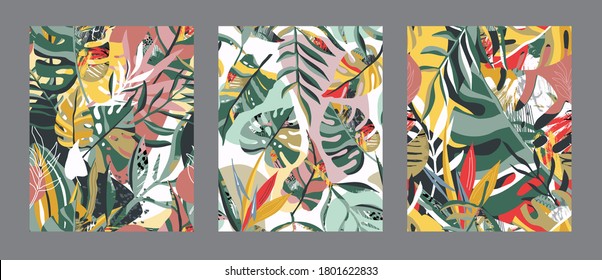 Vector collection of trendy creative summer seamless patterns with floral exotic tropical elements, palm leaves in graphic abstract style.