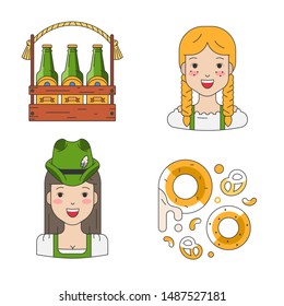 Vector collection of trendy flat design linear illustrations of oktoberfest symbols. German cute girl waitress character for october beer festival. Wooden box of beer and bagel donuts with pretzel.