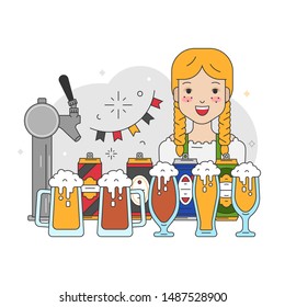 Vector collection of trendy flat design linear illustrations of oktoberfest symbols. German cute girl waitress character for october beer festival. Beer facet and full foam mugs of beer.