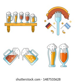 Vector collection of trendy flat design linear illustrations of oktoberfest symbols. Different kinds of beer in various glass mugs with froth foam and bubbles for octobet celebration. 
