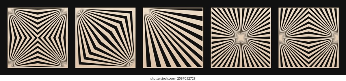 Vector collection of trendy laser cut panels. Stencils with abstract geometric pattern, starburst, diagonal broken lines, stripes. Square decorative panels for cutting of wood, metal. Aspect ratio 1:1