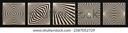 Vector collection of trendy laser cut panels. Stencils with abstract geometric pattern, starburst, diagonal broken lines, stripes. Square decorative panels for cutting of wood, metal. Aspect ratio 1:1