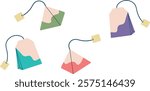 Vector collection of triangle and rectangle tea bags with labels and strings. Perfect for tea-themed designs, apps, web icons, and branding.