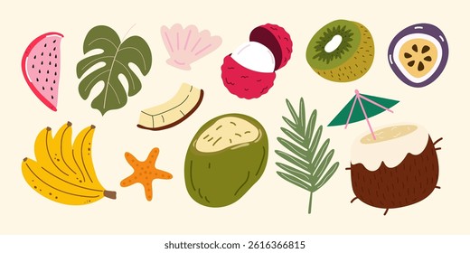 Vector collection of tropical fruits in cartoon retro style. Beach cartoon stickers. Banana, dragon fruit, coconut, passion fruit, kiwi, lychee, palm leaves, shells. Organic fresh tropical elements